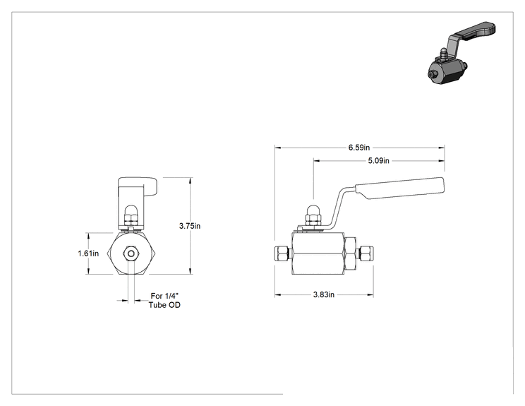 Teknik Çizim - Yakıtlar için Yor-Lok Bağlantı Parçaları ile Açma/Kapama Vanası, 1/4" A-Lok Uç Bağlantıları, PTFE Conta, 6000 Maksimum PSI