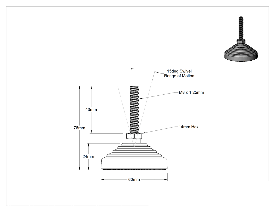 Teknik Çizim - Statik Kontrol Dişli Saplı Döner Seviyeleme Ayakları, 43 mm uzunluğunda M8 x 1.25 mm dişli saplama ile