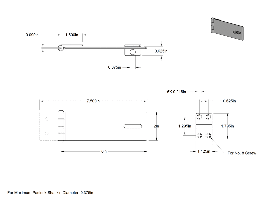 Teknik Çizim - Asma Kilitli Mandal, 6" x 2" x 3/32" kollu, Mat 304 Paslanmaz Çelik