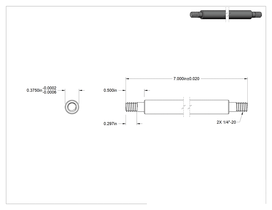 Teknik Çizim - 1050 Karbon Çelik Dişli Doğrusal Hareket Mili, Her İki Ucu Dişli, 3/8" Çap, 7" Uzunluk
