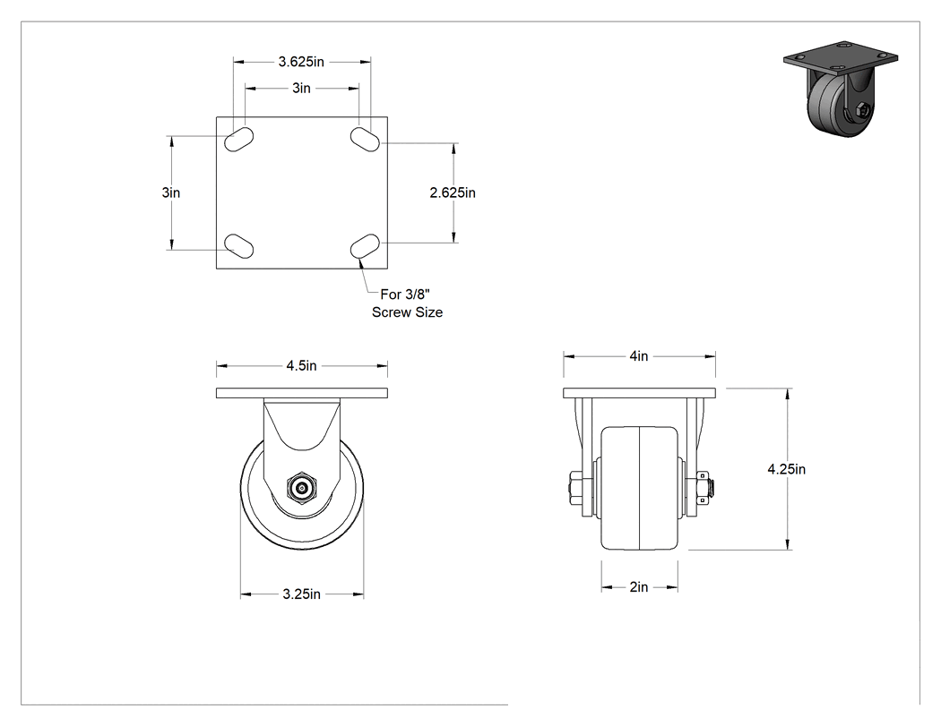 Teknik Çizim - 4-1/2" x 4" Plakalı Yüksek Kapasiteli Spartan Tekerlek, 3-1/4" Çaplı Açık Rulmanlı Fenolik Tekerlekli Sert