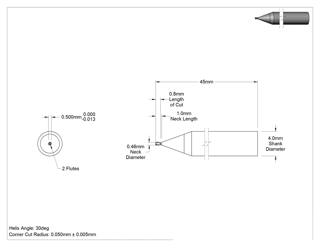 Teknik Çizim - Minyatür Karbür Yuvarlak Kenarlı Kare Uçlu Freze, 2 Yiv, 0.5 mm Freze Çapı, 4 mm Şaft Çapı, 1 mm Boyun Uzunluğu