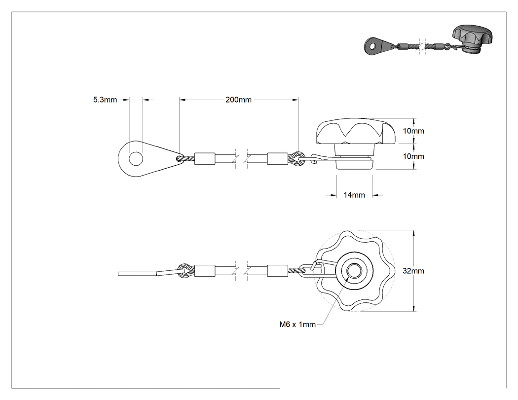 Teknik Çizim - Bağlı Dişli Delikli Topuz, Yedi Kollu Tutamaklı, M6 x 1 mm Diş
