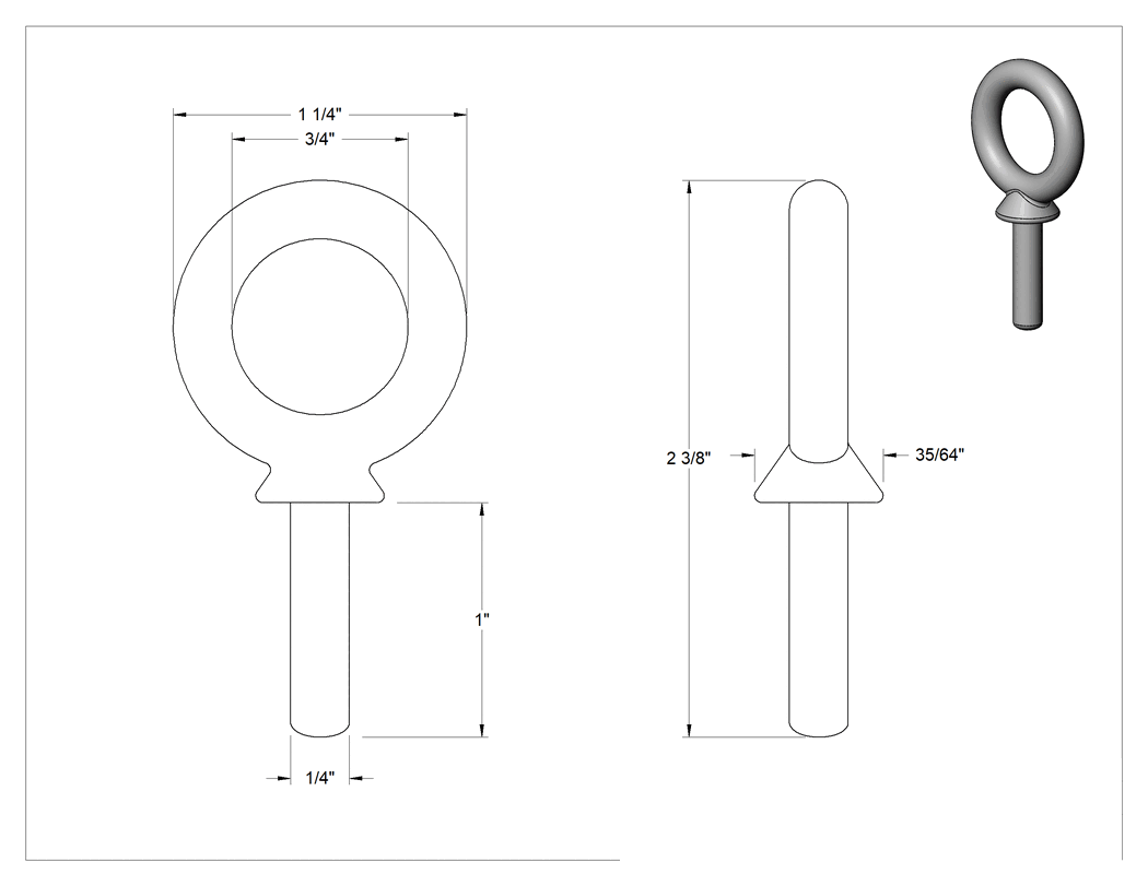 Teknik Çizim - Dişsiz Çelik Yönlendirme Halka Cıvatası, Kaldırma için Omuz Yuvası, 1/4" Çap x 1" Uzunlukta Şaft