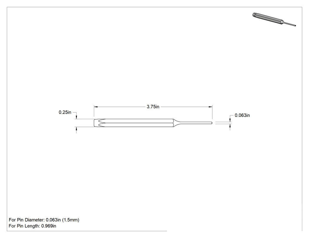 Teknik Çizim - Darbeye Dayanıklı Pim Çıkarma Zımbası, 1/16" ve 1.5 mm Çaplı İçi Boş ve Yaylı Pimler için