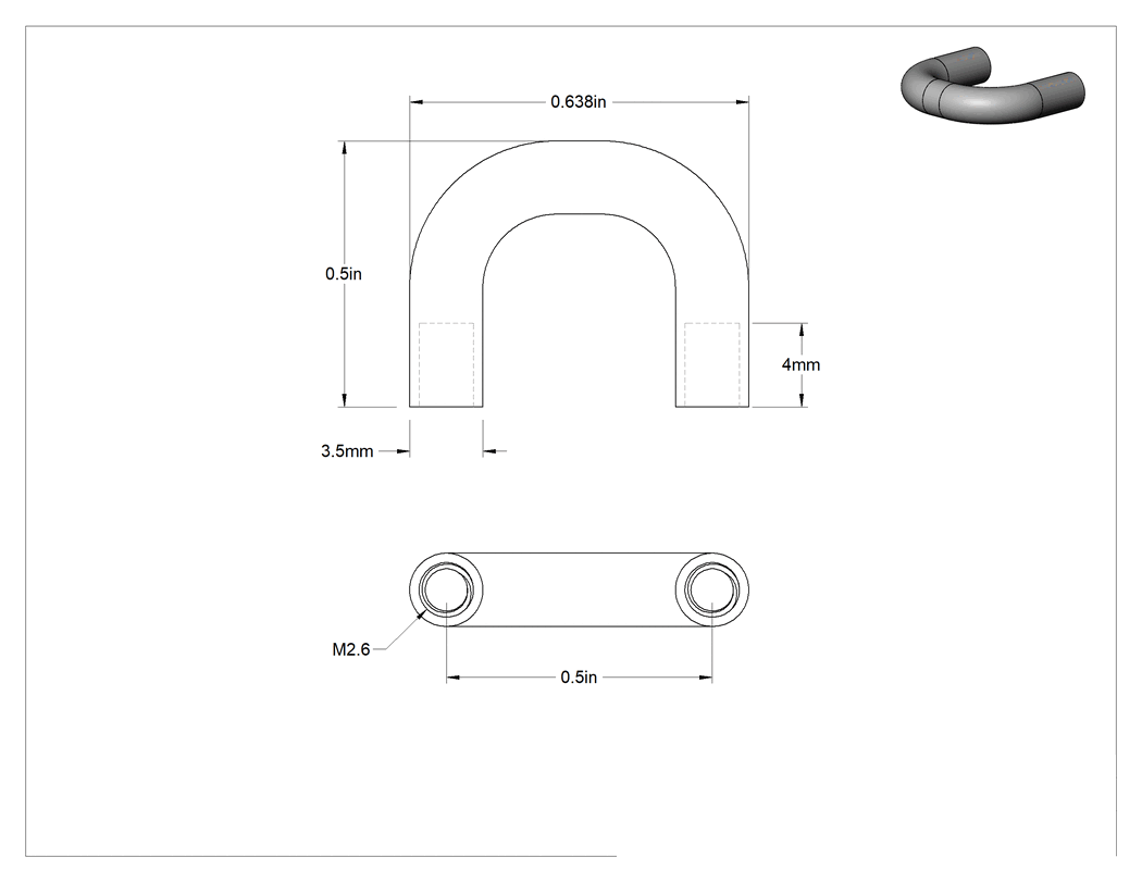 Teknik Çizim - Dişli Delik Montajlı Yuvarlak Çekme Kolu, 304 Paslanmaz Çelik, 1/2" Montaj Deliği Merkezden Merkeze Genişlik, 1/2" Çıkıntı