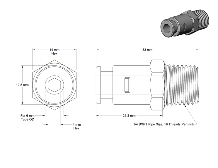 Teknik Çizim - PPS Plastik Bas-Bağla Tüp Bağlantı Elemanı, 6 mm Boru Dış Çapı x 1/4 BSPT Erkek için Düz Adaptör