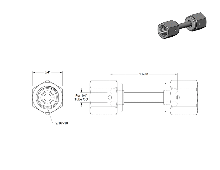 Teknik Çizim - Paslanmaz Çelik Boru için Ultra Parlak Conta Bağlantı Parçası, Sürekli Dönerli Dişi Konektör, 1/4" Boru Dış Çapı için