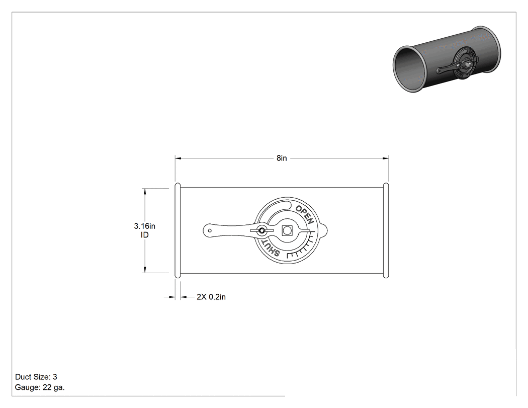 Teknik Çizim - Kanal Boyutu, 3 Hızlı Bağlantı Kanalı için Galvanizli Çelik Hava Akışı Damperi