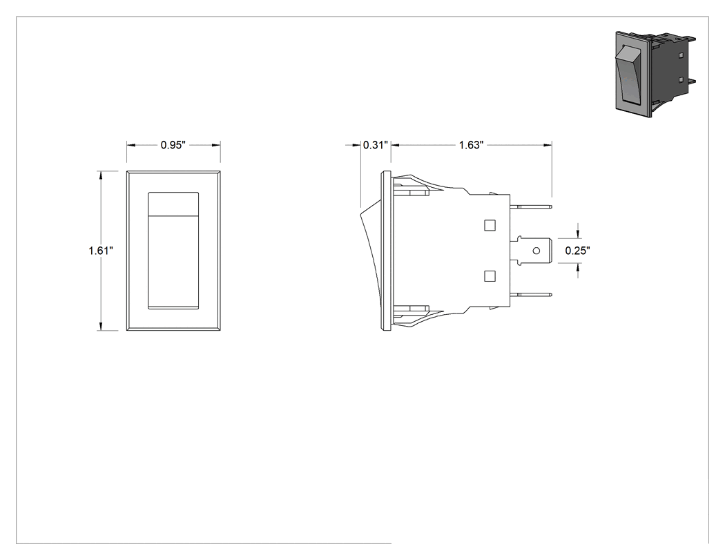 Teknik Çizim - Dalgıç Rocker Anahtar, Faston Terminaller ile 2 Konum, Kalıcı Konumlu, Faston Terminaller ile 3 Konum, Anlık, 3 Terminal