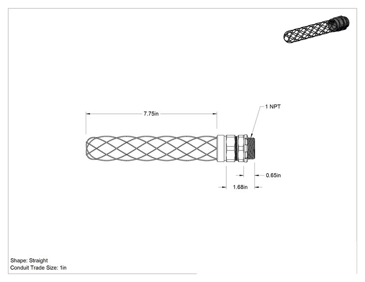 Teknik Çizim - Sıvı Sızdırmaz Esnek Metal Kanal Adaptörü, Ağ Tutamaklı, Düz, 1 Anma Ölçüsü Dişi x NPT Erkek