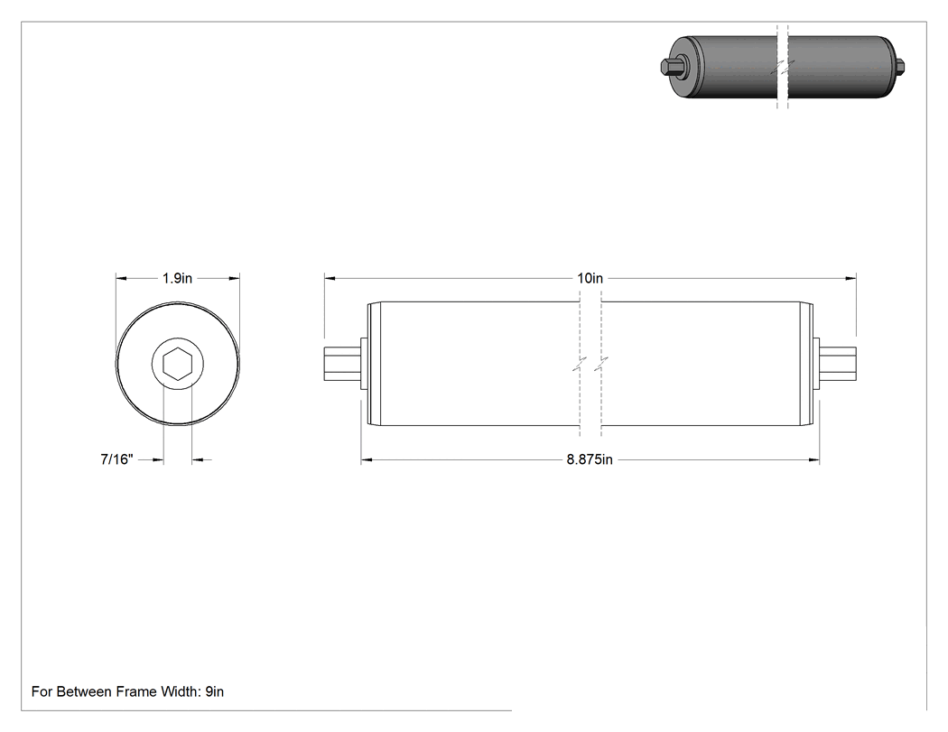 Teknik Çizim - 1.9 inç Çaplı Çökmeye Dayanıklı Konveyör Silindiri, 9" Çerçeve Aralığı için