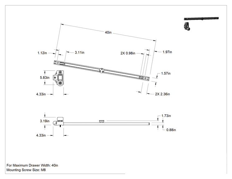 Teknik Çizim - Dışa Açılır Çekmece Kılavuzları, 40" Uzunluk