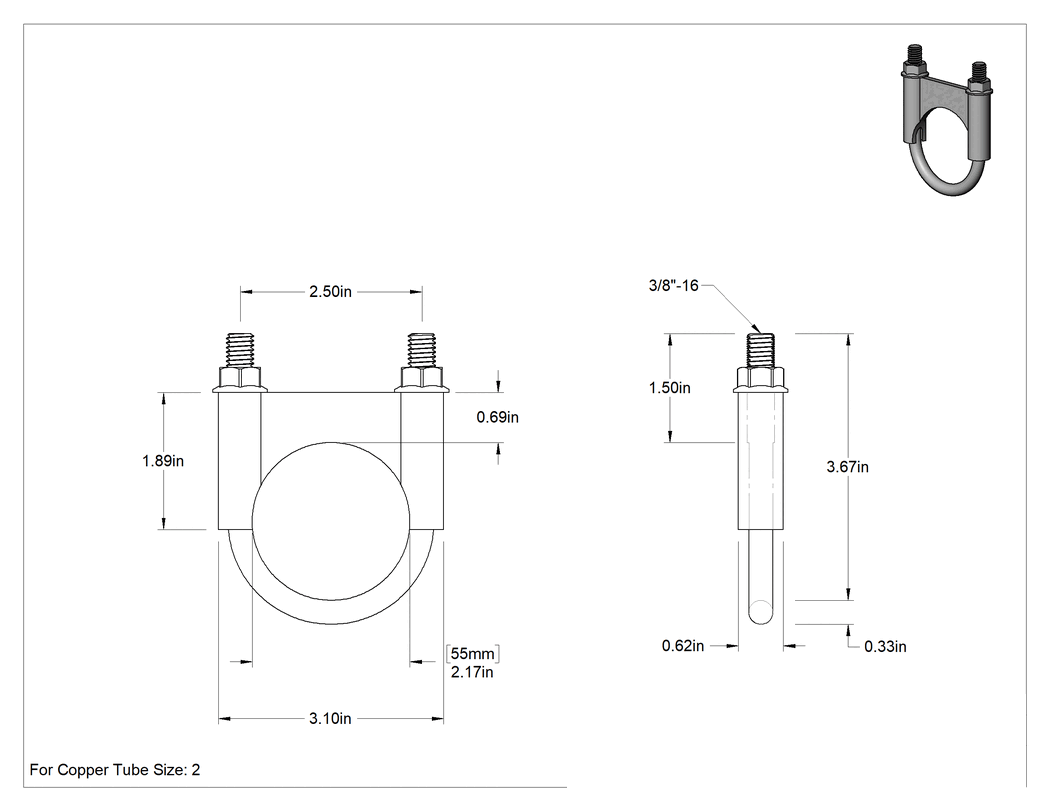 Teknik Çizim - Sıkıştırma U-Cıvatası, Krom Kaplı Çelik, 3/8"-16 Diş Boyutu, 2-1/8" İç Çap