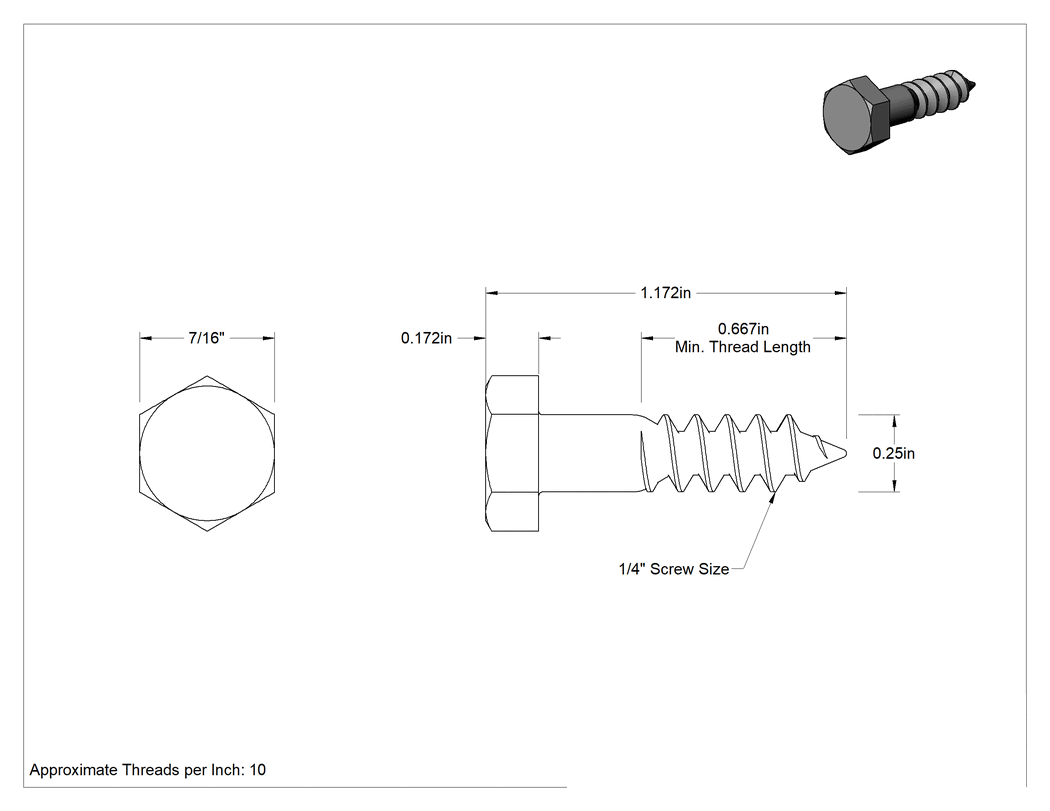 Teknik Çizim - 18-8 Paslanmaz Çelik Altıköşe Başlı Ahşap Vida, 1/4" Vida Boyutu, 1" Uzunluk