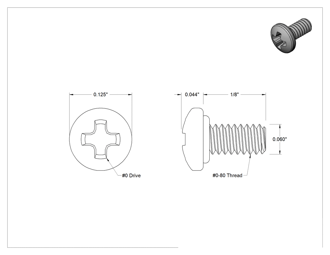 Teknik Çizim - Sızdırmaz Silindir Başlı Vidalar, Floroelastomer Kauçuk O-Ring, 0-80 Diş Boyutu, 1/8" Uzunluk