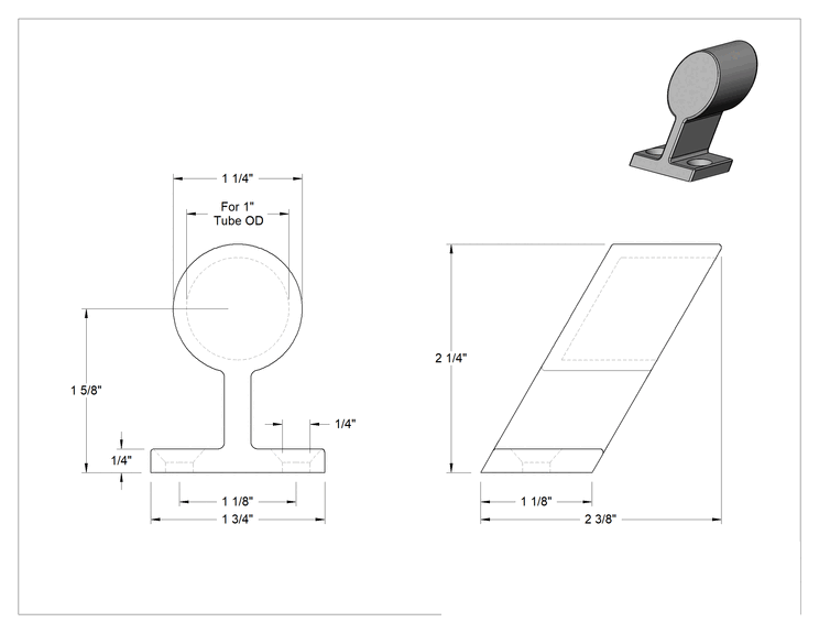 Teknik Çizim - 1" Dış Çaplı Ray için Paslanmaz Çelik Giydirme Çerçeve Rayı Ucu