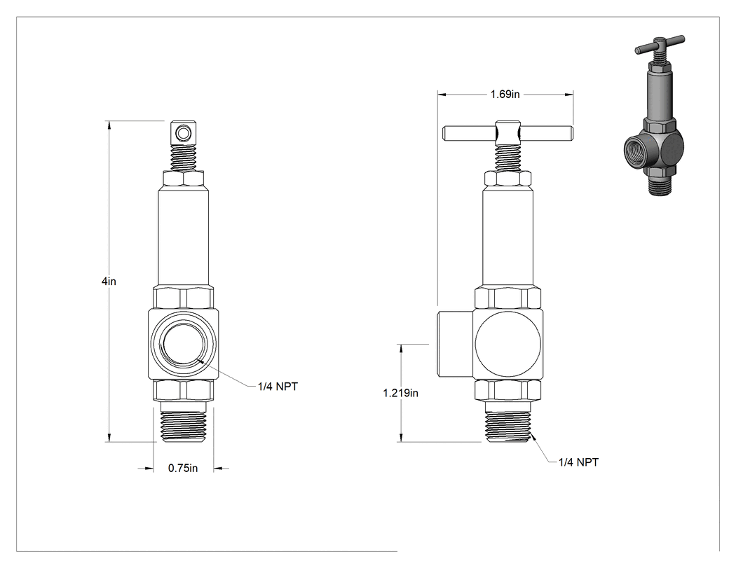 Teknik Çizim - Su için Ayarlanabilir Basınç Tahliye Valfi, 1/4 NPT, 0 ila 1000 PSI Ayar Basıncı Aralığı