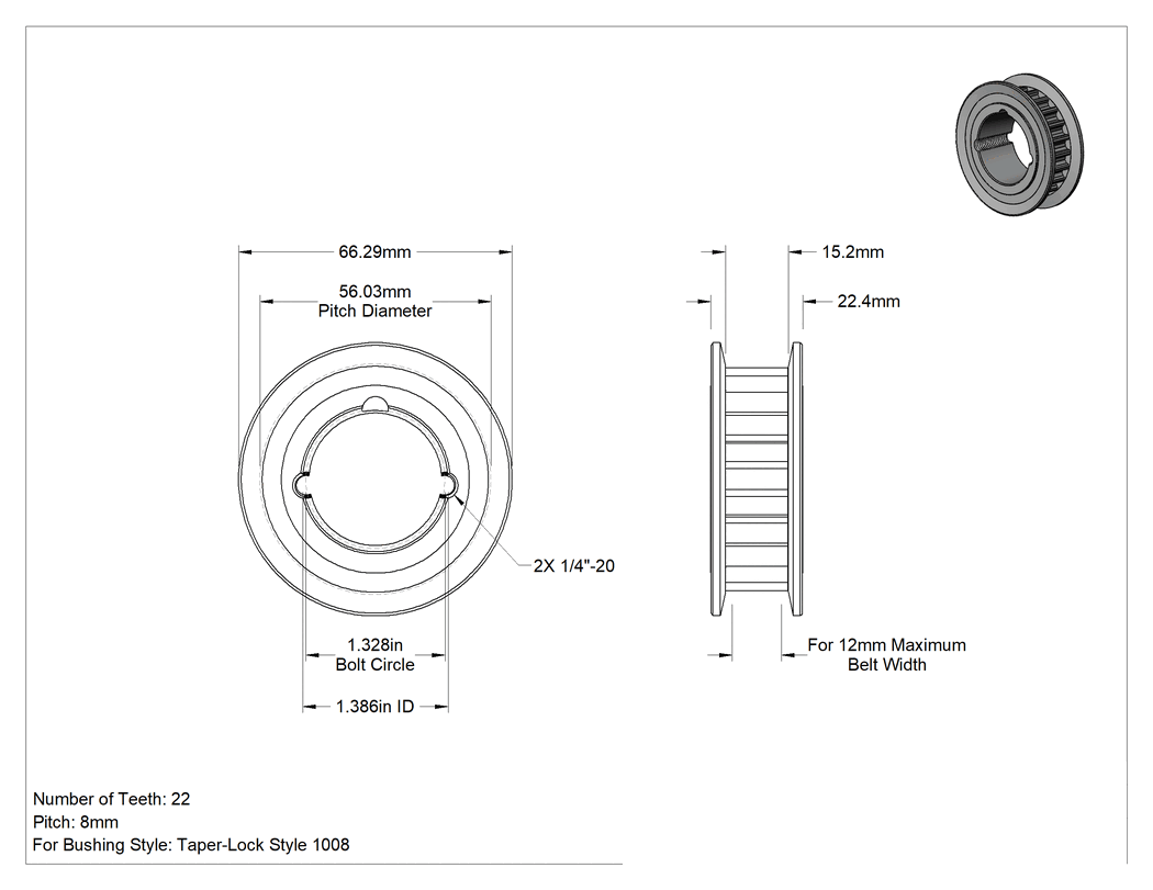 Teknik Çizim - Poly Chain Triger Kayışı Kasnağı, 12 mm Maksimum Kayış Genişliği için, Ultra Yüksek Mukavemetli, 66.04mm Dış Çap