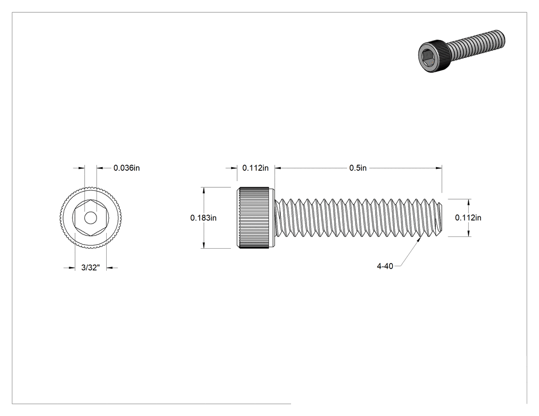 Teknik Çizim - Temizlenmiş ve Torbalı 18-8 Paslanmaz Çelik Havalandırmalı Alyan Başlı Vida, Yüksek Vakum, 4-40 Diş Boyutu, 1/2" Uzunluk