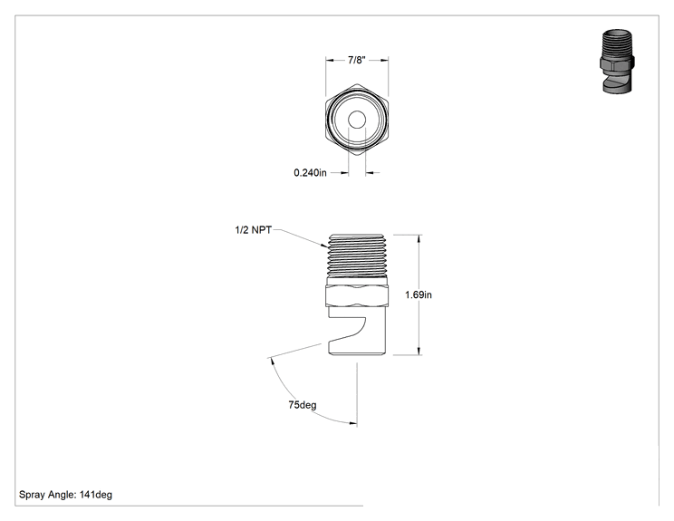 Teknik Çizim - Ekstra Geniş Sapmalı Düz Püskürtme Memesi, Paslanmaz Çelik, 1/2 NPT Erkek, 20 PSI'da 7.1 gpm, 141 Derece Açı