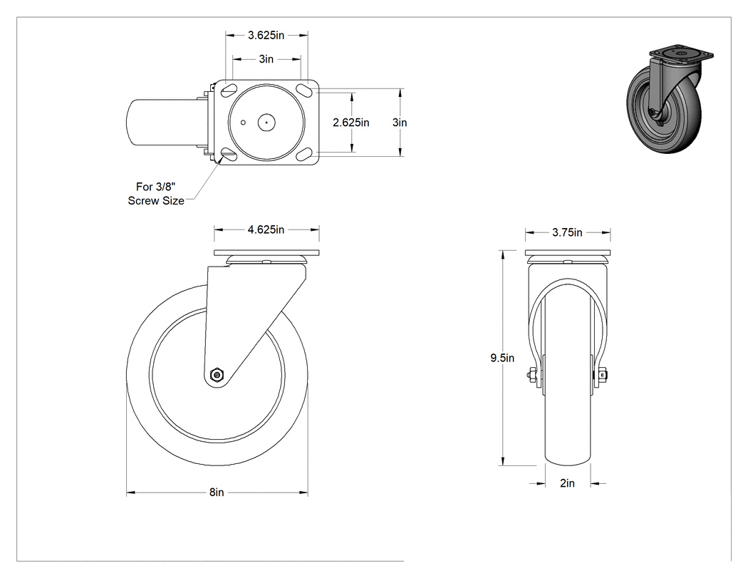 Teknik Çizim - 4-5/8" x 3-3/4" Plakalı Kolay Dönen Tekerlek, Yüksek Kapasiteli, 8 inç Çapında Gri Poliüretan Tekerlekli Döner Ayak
