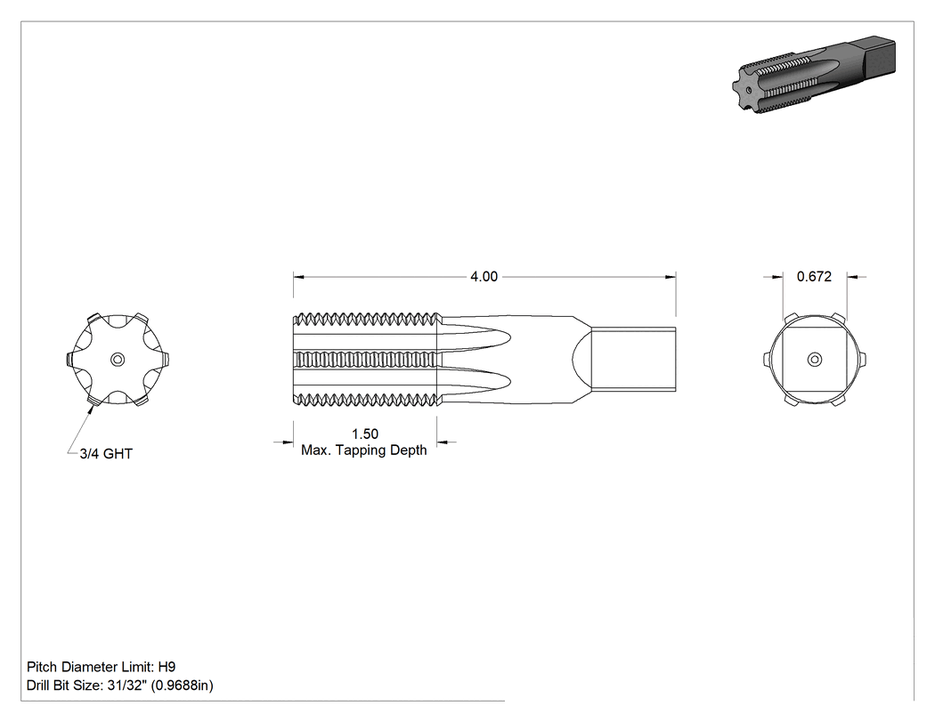 Teknik Çizim - Yüksek Hızlı Çelik Kılavuz, 3/4"-11-1/2 GHT Diş Boyutu