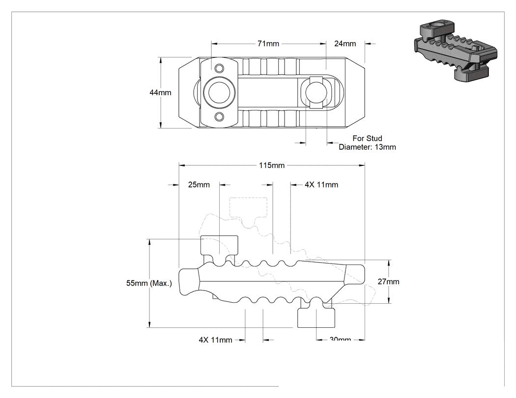 Teknik Çizim - Ayarlanabilir Kurulum Kelepçesi, 13 mm Çaplı Çiviler için