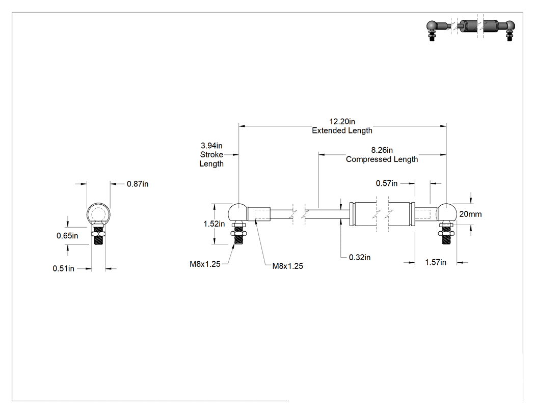 Teknik Çizim - Değişken Ayarlı Doğrusal Hız Sınırlayıcı, Sıkıştırma, 3.9 inç strok uzunluğu, 12.2" Uzatılmış Uzunluk