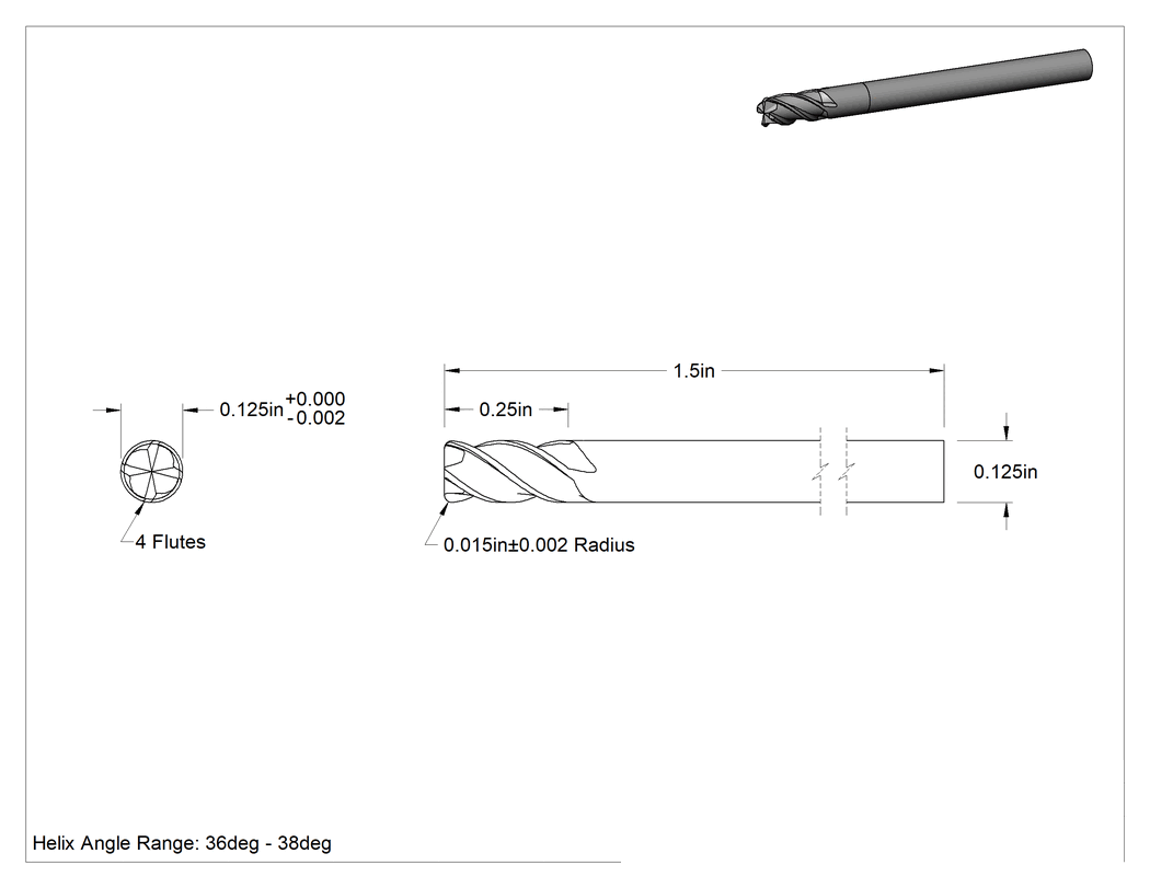 Teknik Çizim - Karbür Yuvarlak Kenarlı Kare Uçlu Freze, 1/8" Freze Çapı, 0.015 inç Köşe Kesim Yarıçapı