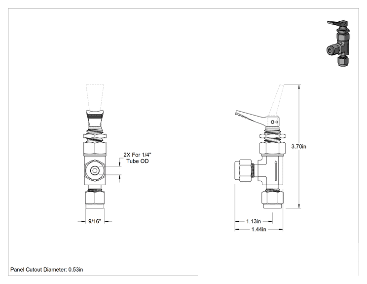 Teknik Çizim - Hızlı Etkili Panel Montajlı Açma/Kapama Vanası, 316 Paslanmaz Çelik Dirsek Gövdesi, 1/4" Dış Çaplı Boru için Yor-Lok Bağlantı Parçası