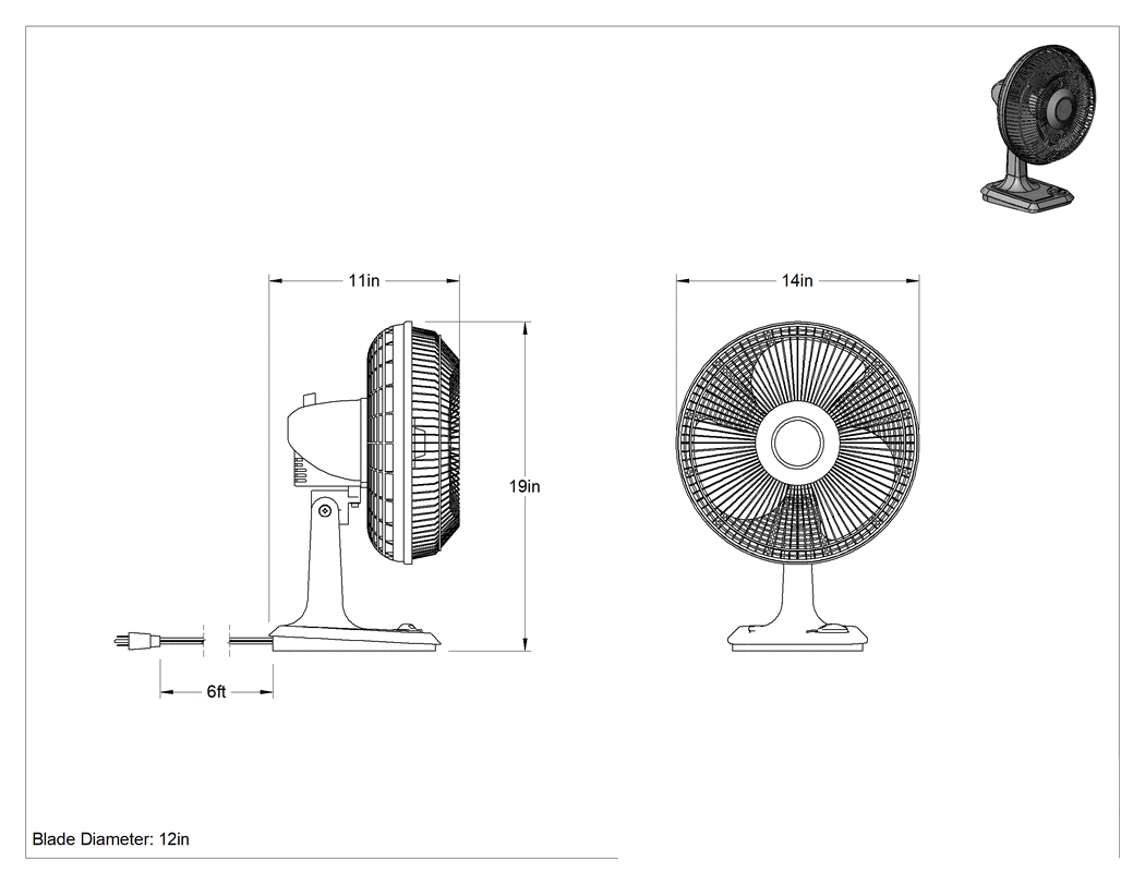 Teknik Çizim - Masaüstü Fan, 12" Bıçak Çapı