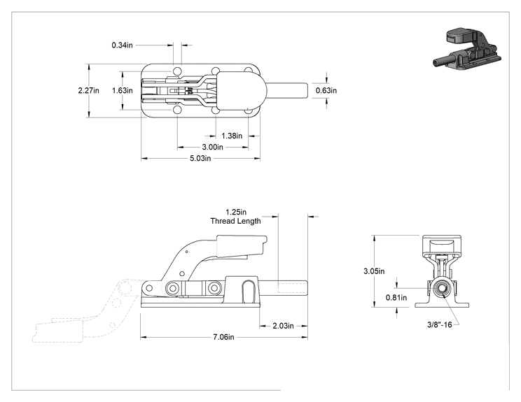 Teknik Çizim - Kilitleme Kolu ile İtme Mandal Kelepçesi, 2500 lb. Kapasite