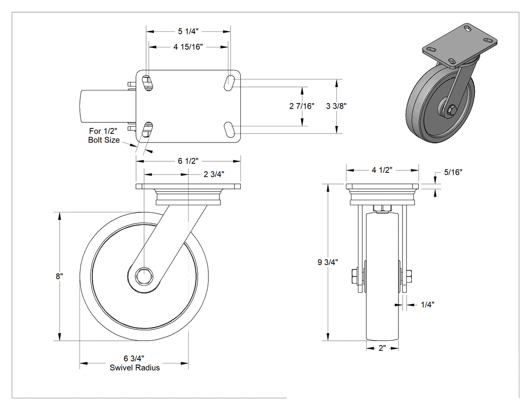 Teknik Çizim - 6-1/2" x 4-1/2" Plakalı Yüksek Kapasiteli Kingston Tekerlek, 8" Çapında Fenolik Tekerlekli Döner