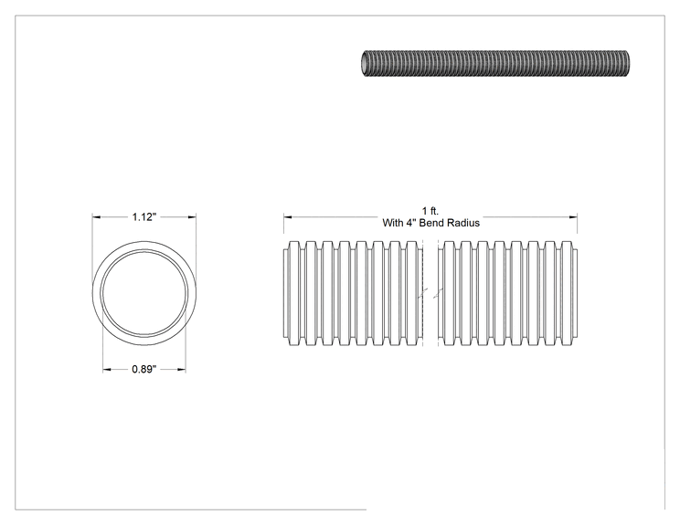 Teknik Çizim - Sürekli Esnek Plastik Kanal, 0.89" İç Çap, 1.12" Dış Çap