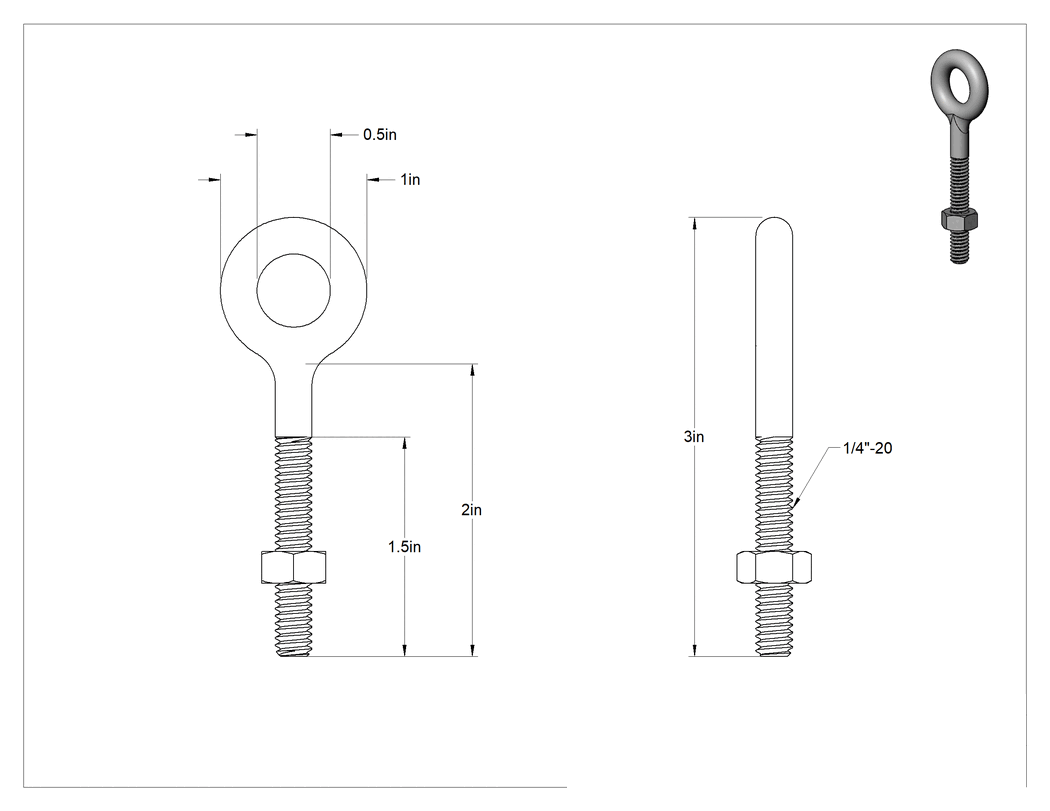 Teknik Çizim - Somunlu ve Omuzsuz Galvanizli Çelik Halka Cıvata, Kaldırma için, 1/4"-20 Diş Boyutu, 2 inç Şaft Uzunluğu