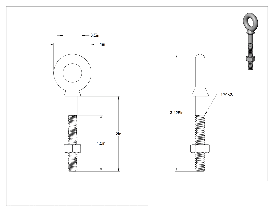 Teknik Çizim - Somunlu ve Omuzlu Galvanizli Çelik Halka Cıvata, Kaldırma için, 1/4"-20 Diş Boyutu, 1-1/2" Diş Uzunluğu, 2 inç Şaft