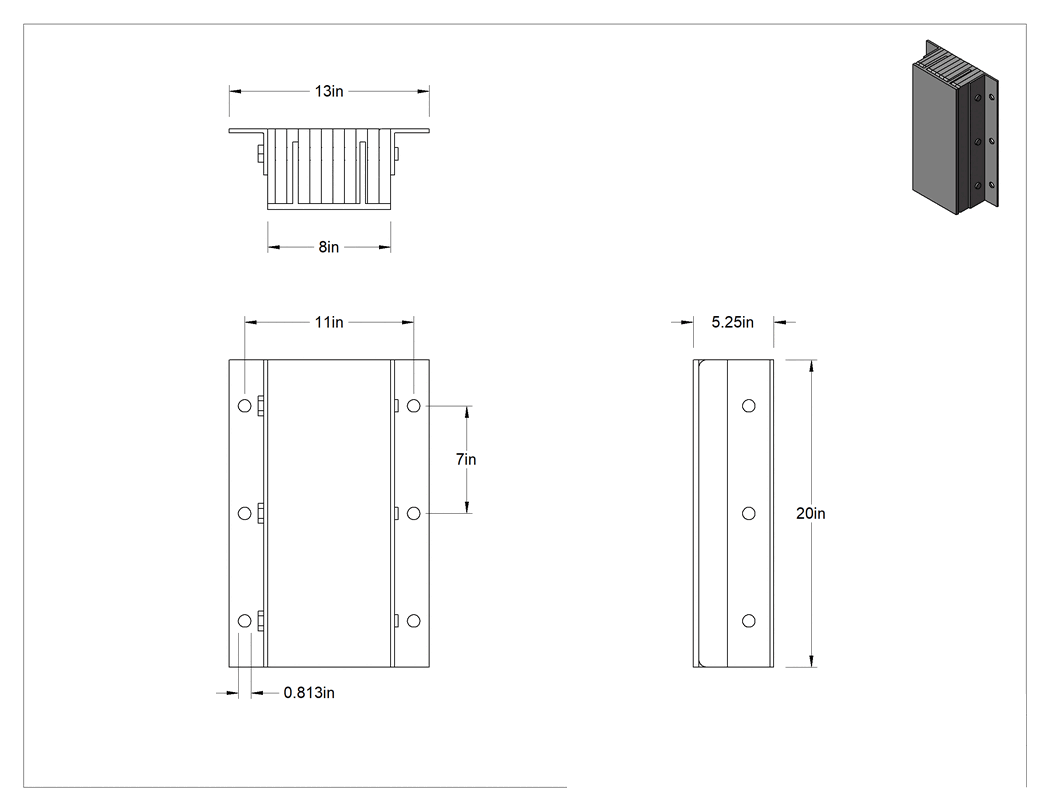 Teknik Çizim - Ekstra Dayanıklı Rıhtım Montajlı Tampon, Çelik Yüz Plakalı Dikey Montaj, 20 inç x 13 inç x 4-7/8 inç Toplam