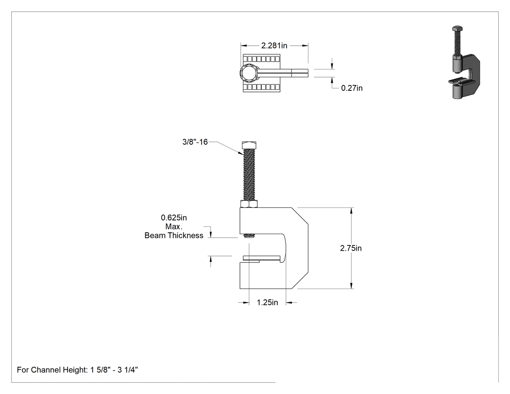 Teknik Çizim - Kiriş Kelepçesi, Strut Kanalı için, Çinko Kaplı Çelik, 250 lbs. Kapasite