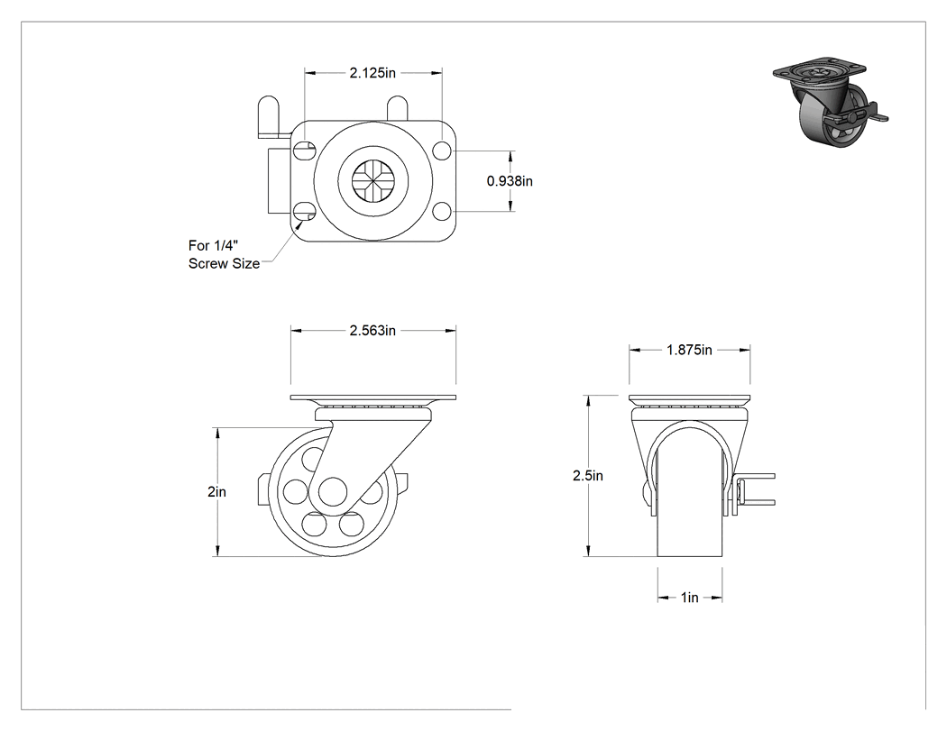 Teknik Çizim - Cart-Smart Tekerlek, Frenli ve 2" Çapında Metal Tekerlekli Döner Tekerlek
