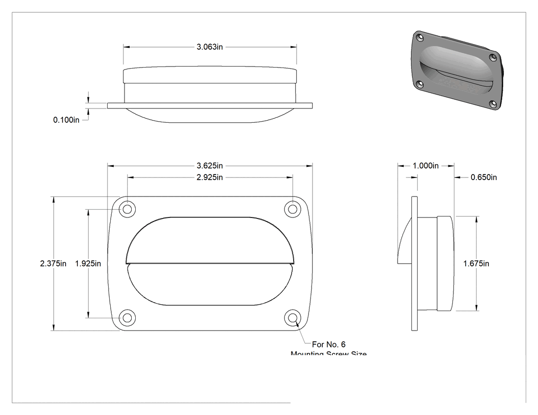 Teknik Çizim - Plastik Gömme Çekme Kolu, Dişsiz delikli, Gri, 3-5/8" Yükseklik x 2-3/8" Genişlik