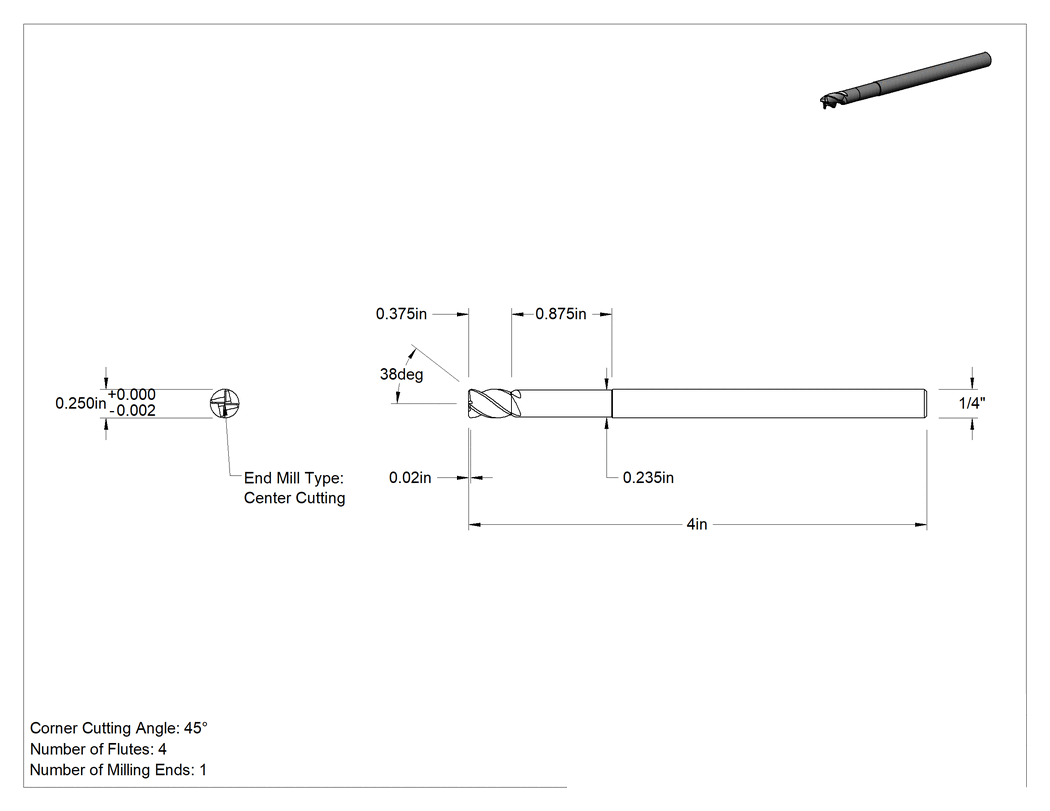 Teknik Çizim - Uzun Uçlu Hızlı Kesim Karbür Kare Uçlu Freze, Pahlı Köşeli, 1/4" Freze Çapı, 7/8" Boyun Uzunluğu