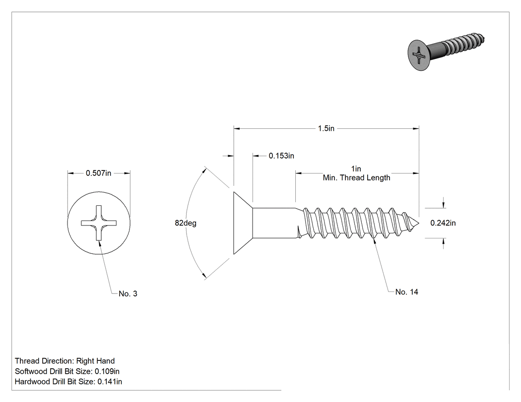 Teknik Çizim - Ahşap için Pirinç Phillips Havşa Başlı Vidalar, 14 Numaralı Boyut, 1-1/2" Uzunluk