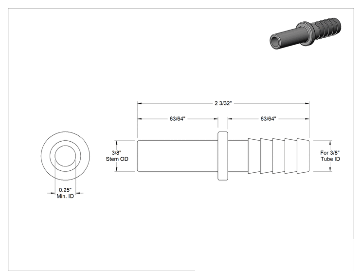 Teknik Çizim - Gıda ve İçecek için İt-Bağlantı Elemanı, 3/8" Boru Gövde Dış Çapı, 3/8" İç Çaplı Boru için Çivili, Siyah