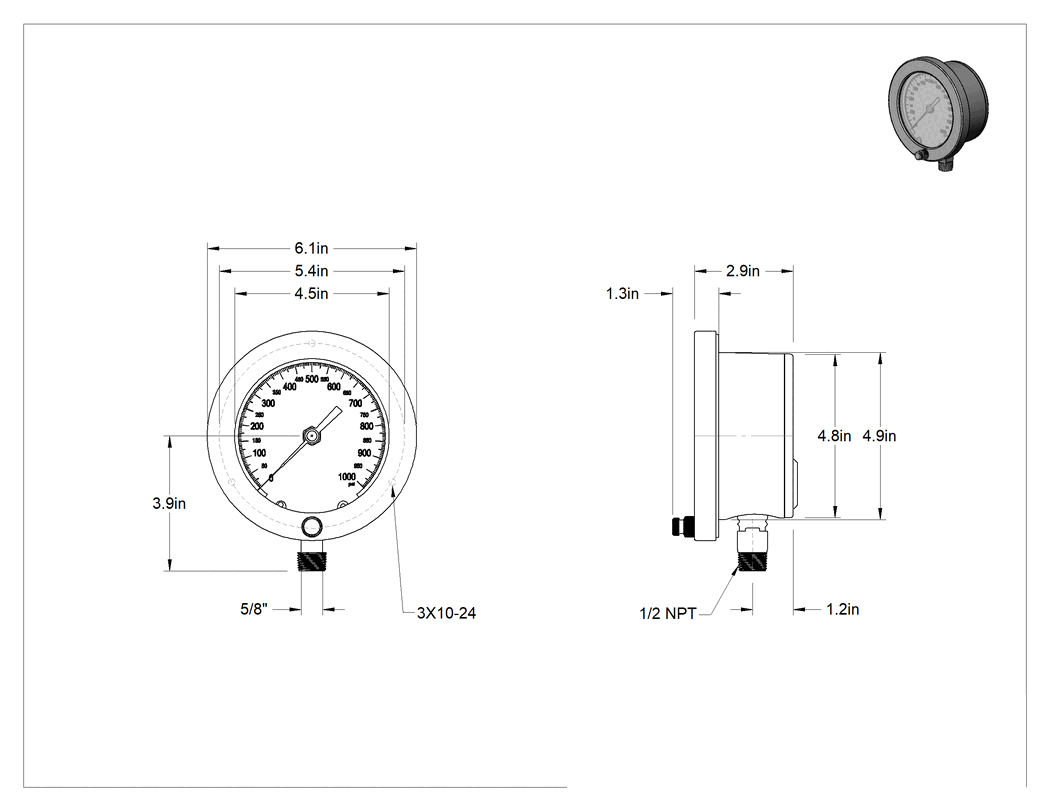 Teknik Çizim - Alüminyum Kılıflı Yüksek Hassasiyetli Basınç Test Göstergesi, Nikel Bağlantı, Sertifikalı, 1/2 NPT, 4-1/2" Kadran, 0-1000 PSI