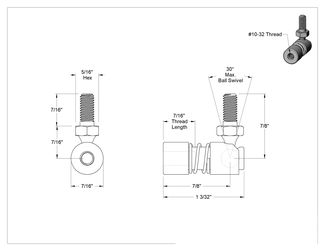 Teknik Çizim - Küresel Mafsal Bağlantısı, Hızlı Kurulum, Dış Yay, 10-32 Diş