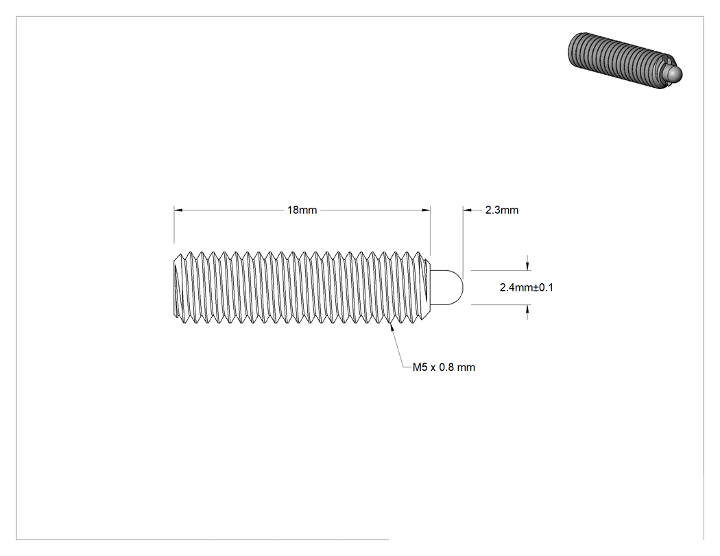 Teknik Çizim - 18-8 Paslanmaz Çelik Gövdeli Uzun Burunlu Yaylı İtici, Plastik Burun, M5x0.8, 1.3-4.3 lb. Kuvvet, Vida Kilidi Olmadan