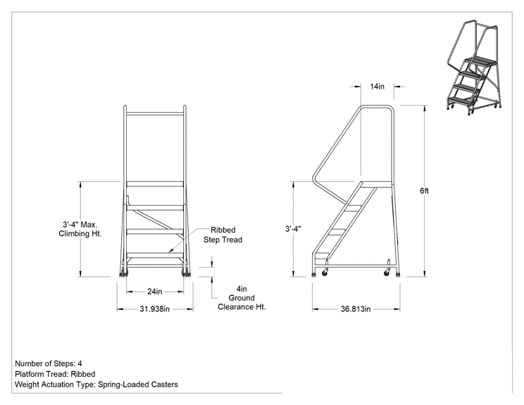 Teknik Çizim - Hafif Alüminyum Tekerlekli Platform Merdiveni, Yivli Basamaklar, 6' Yükseklik x 32" Genişlik x 37" Derinlik Toplam