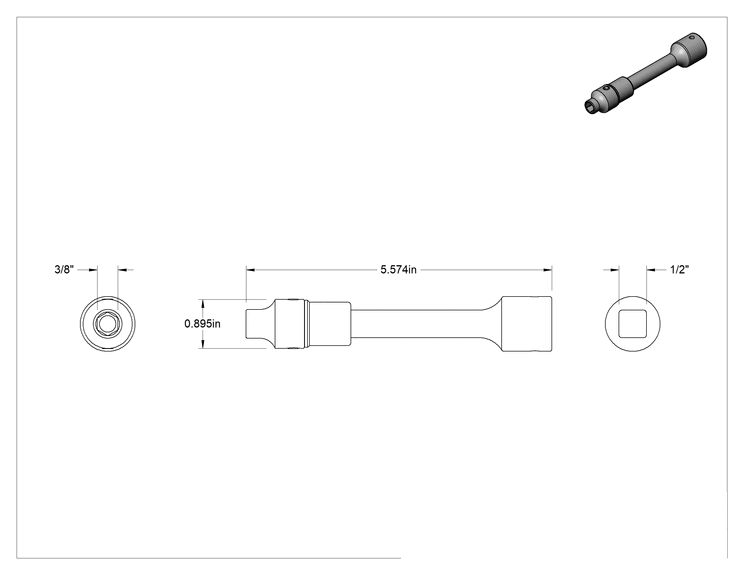 Teknik Çizim - Uzatılmış 6 Noktalı Esnek Soket, 1/2" Kare Tahrik, 3/8" Tahrik Boyutu, 5-9/16" Toplam Uzunluk