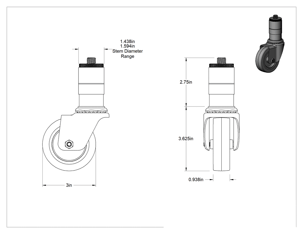 Teknik Çizim - Sürtünmeli Tutuşlu Saplı Tekerlek, 3" Çaplı Kauçuk Tekerlek ve 1-7/16" ila 1-19/32" Mil Çapılı
